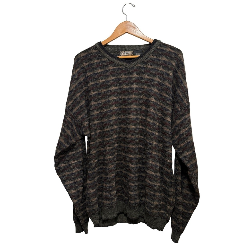 Cortina Italia Mens XLT Vintage 90s V-Neck Wool Sweater Italy Wave Pattern Green